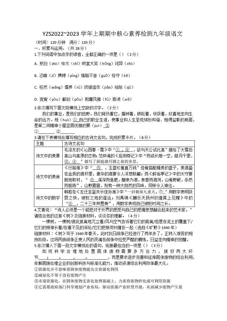 河南省禹州市2022-2023学年九年级上学期期中语文试题(含答案)第1页