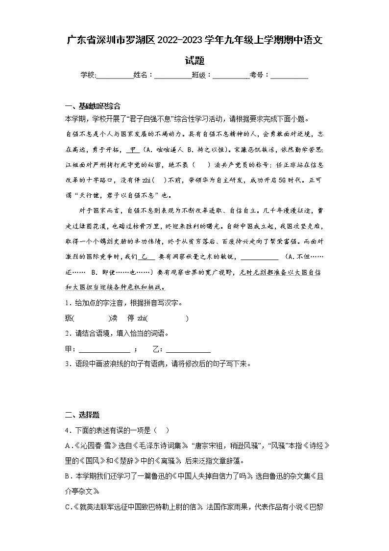 广东省深圳市罗湖区2022-2023学年九年级上学期期中语文试题(含答案)01