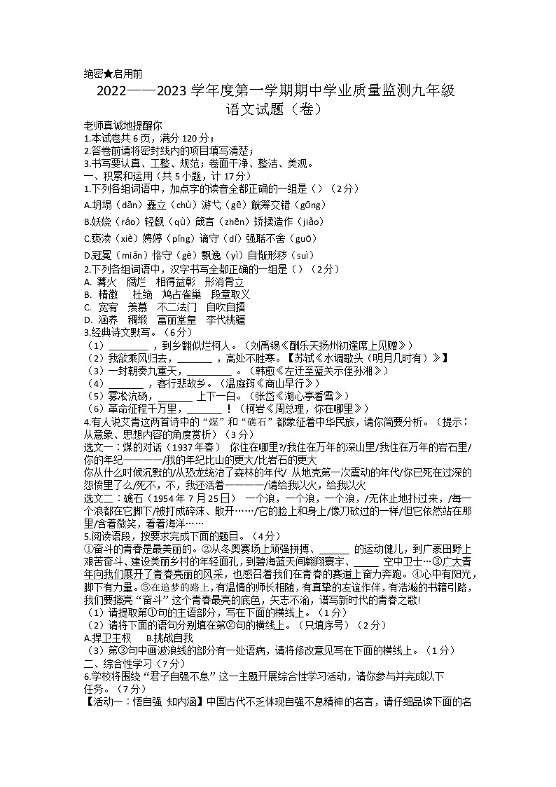 陕西省西安市西咸新区沣东新城第六初级中学2022-2023学年九年级上学期期中语文试题01