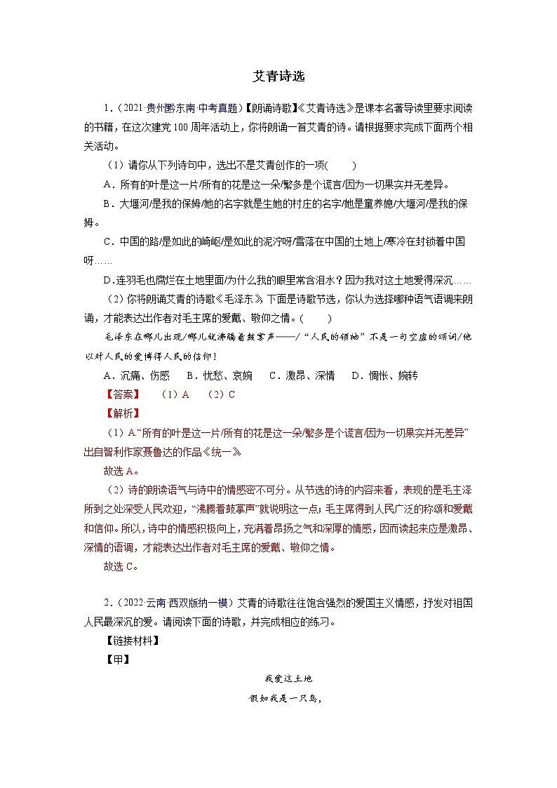 2022-2023学年九年级语文上册知识梳理与能力训练03 《艾青诗选》01