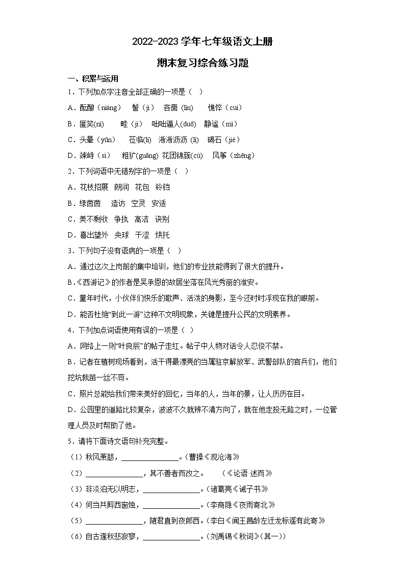 部编版七年级语文上册期末复习综合练习题（含答案）01