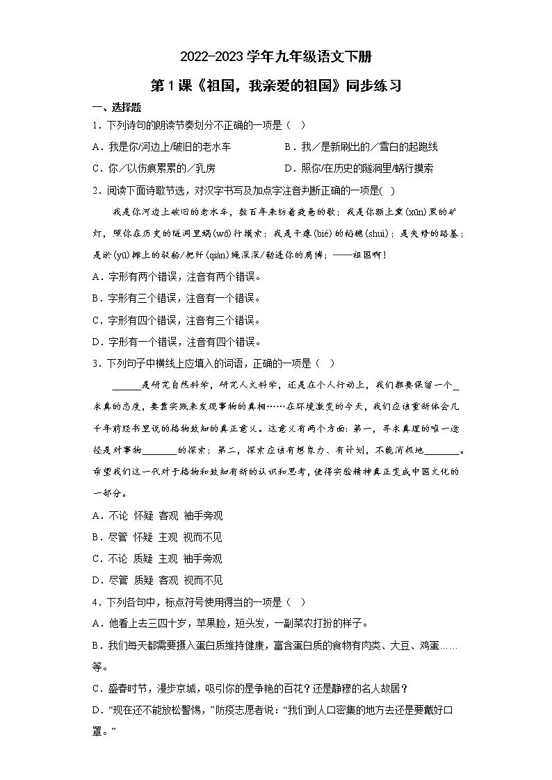 2022-2023学年部编版语文九年级下册第1课《祖国啊，我亲爱的祖国》同步练习01