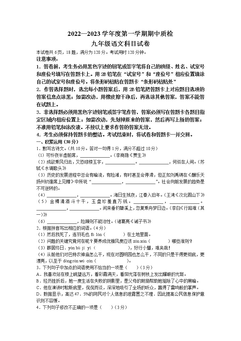 广东省揭阳市榕城区2022-2023学年九年级上学期期中语文试题01
