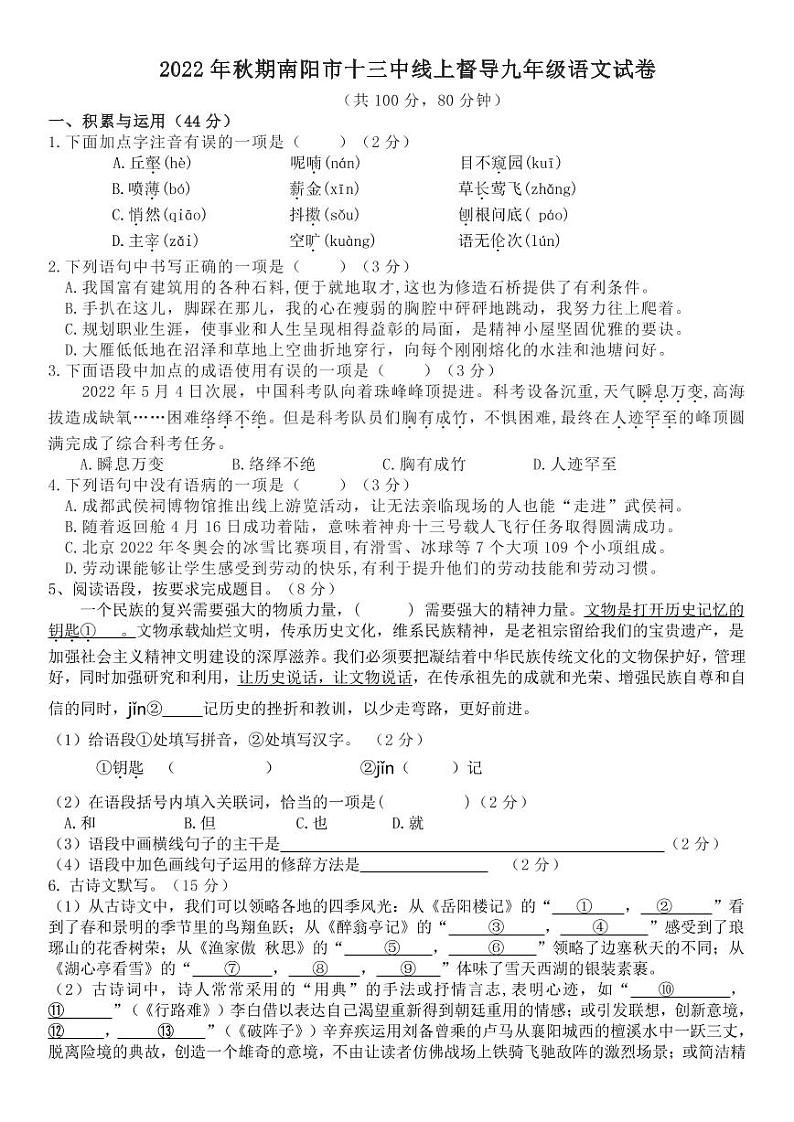 南阳市十三中2022年秋期线上学情督导九年级语文学科（无答案） 试卷01