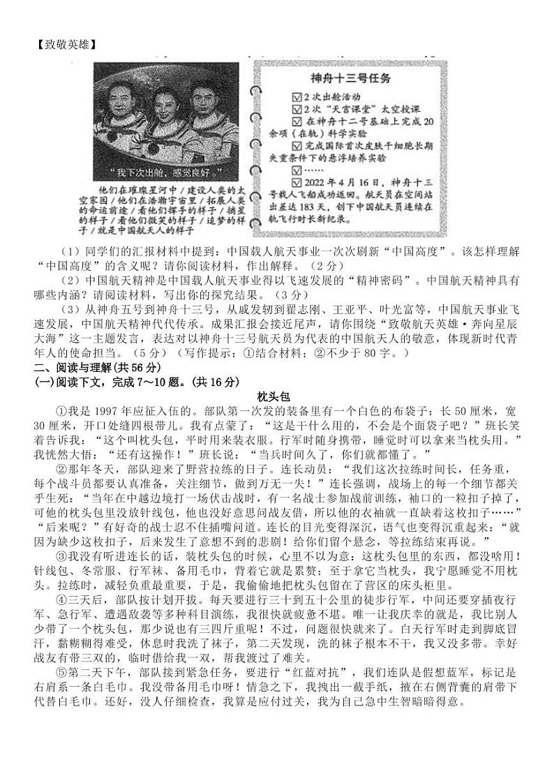 南阳市十三中2022年秋期线上学情督导九年级语文学科（无答案） 试卷03