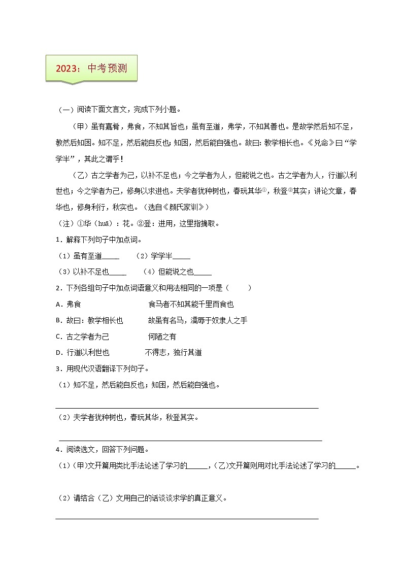 中考语文一轮复习之30篇精选课内文言文考点 《虽有佳肴》（原卷版+解析版）03