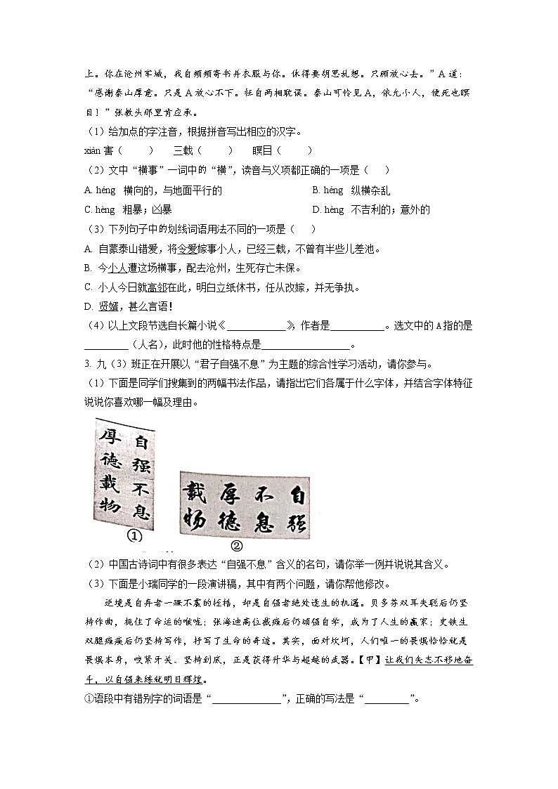 安徽省合肥市经济技术开发区2021-2022学年九年级上学期期末语文试题（含答案）第2页