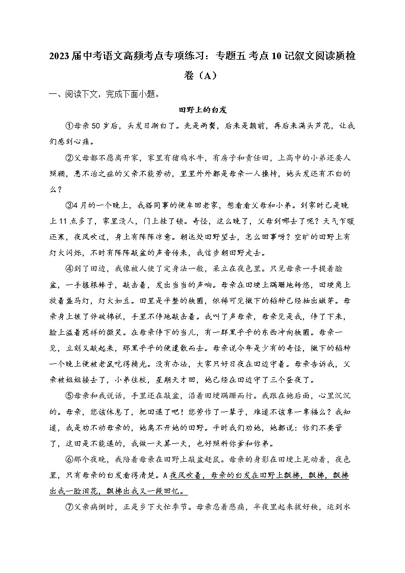 2023届中考语文高频考点专项练习：专题五 考点10 记叙文阅读质检卷（A）第1页