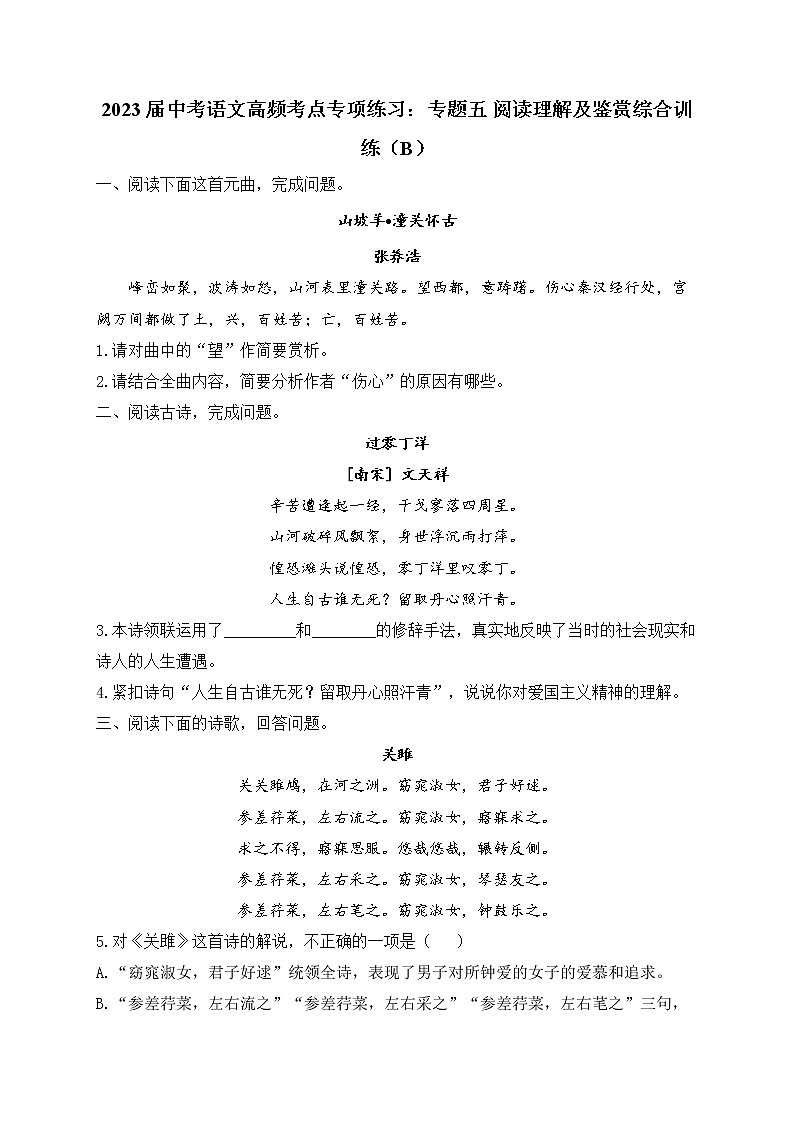 2023届中考语文高频考点专项练习：专题五 阅读理解及鉴赏综合训练（B）第1页