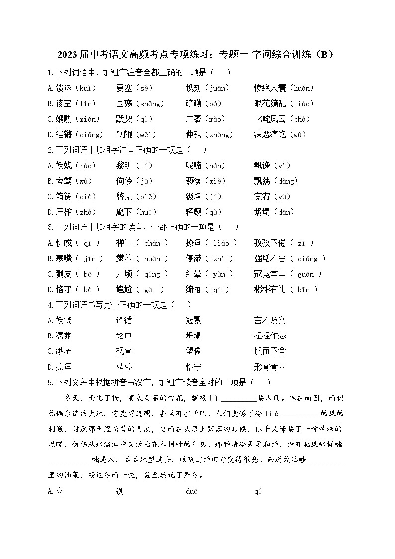 2023届中考语文高频考点专项练习：专题一 字词综合训练（B）01
