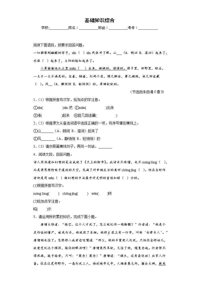 部编版语文七年级上册期末专项复习——基础知识综合（原卷版）第1页
