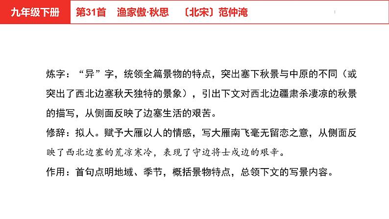 中考总复习语文（河北）古诗文专题二古诗词鉴赏第31首  渔家傲·秋思课件06