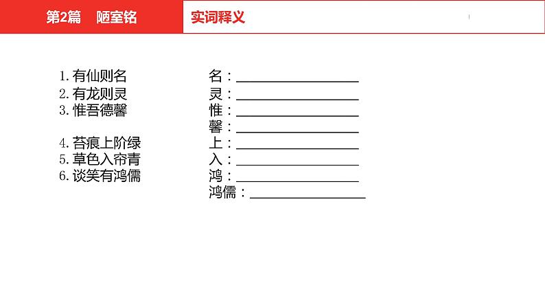 中考总复习语文（河北）古诗文专题一文言文阅读-课内阅读第2篇  陋室铭课件08