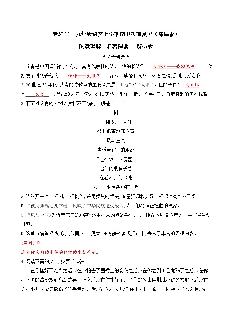 【期末专项备考】部编版语文九年级上学期 期末考前复习-专题11：阅读理解之名著阅读01