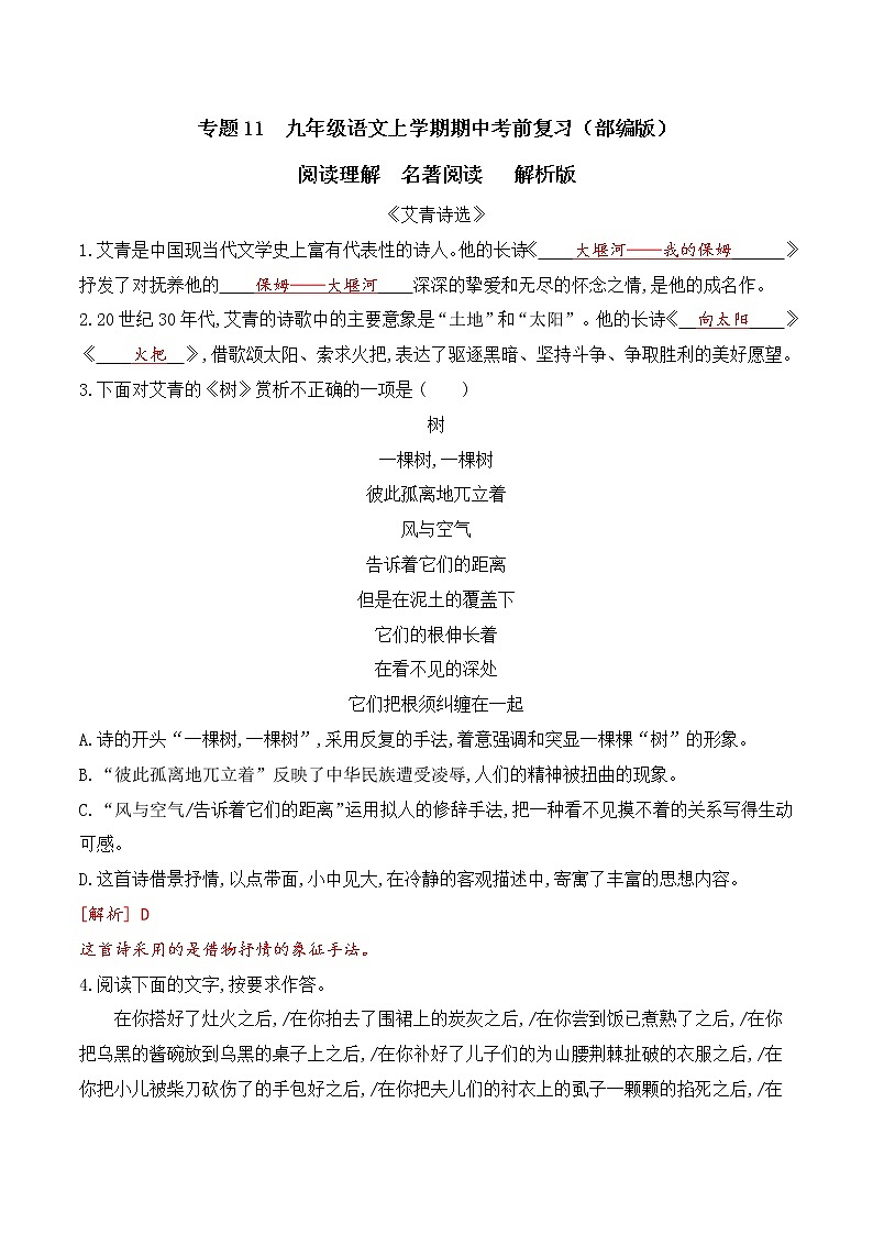 【期末专项备考】部编版语文九年级上学期 期末考前复习-专题11：阅读理解之名著阅读01