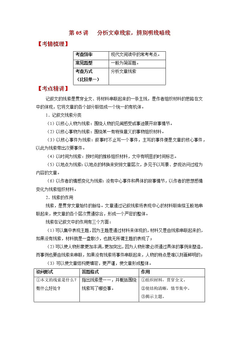 第05讲 分析文章线索，辨别明线暗线-2022年中考语文记叙文阅读专项高分突破（原卷版）第1页