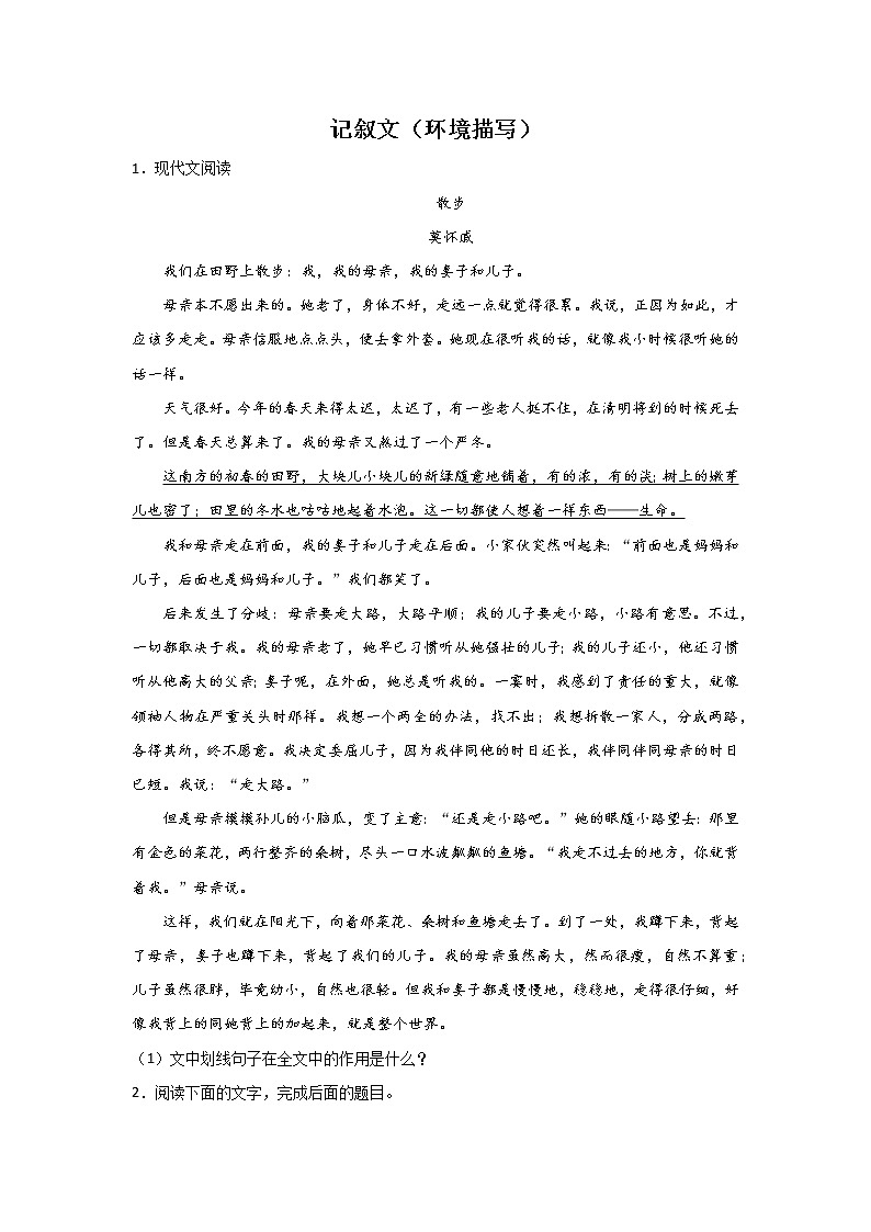 中考语文现代文阅读考点突破：记叙文（环境描写）第1页