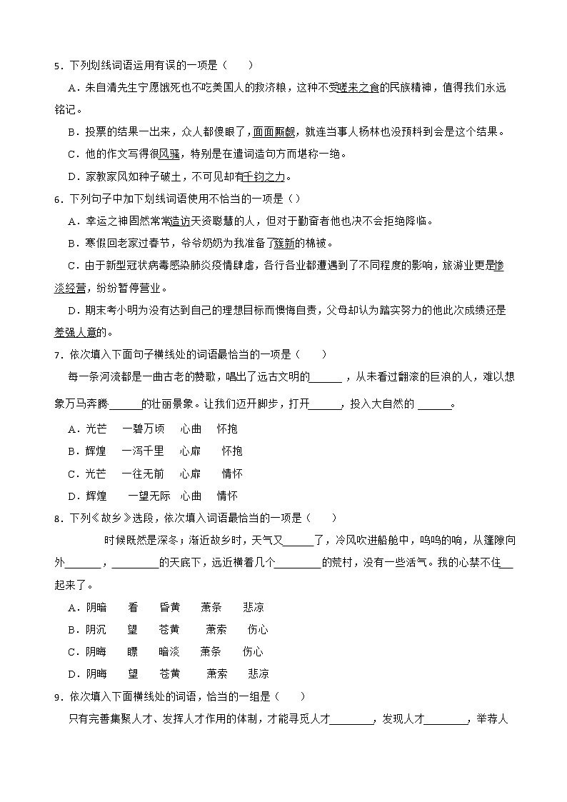 词语运用——部编版语文九年级上学期期末专项复习 试卷练习02