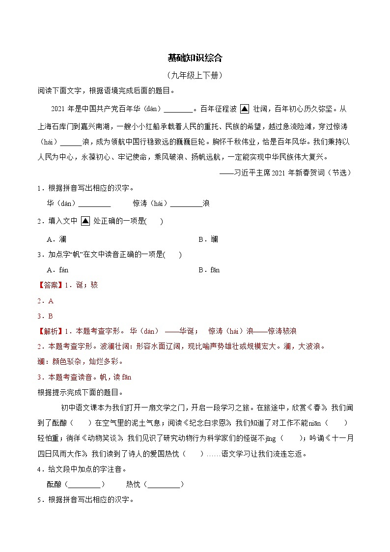 基础知识综合——部编版语文九年级上学期期末专项复习（解析版）第1页