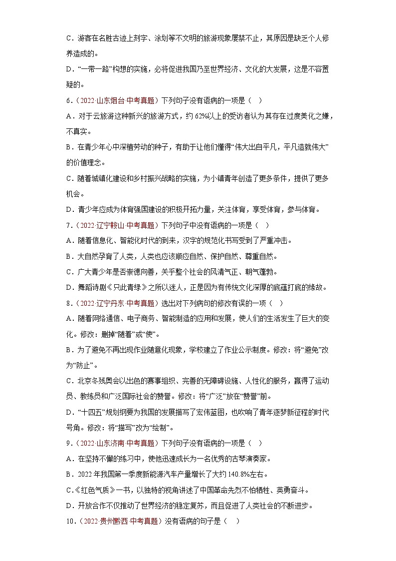 中考语文一轮复习通关训练--病句（真题及模拟）（原卷版+解析版）第2页