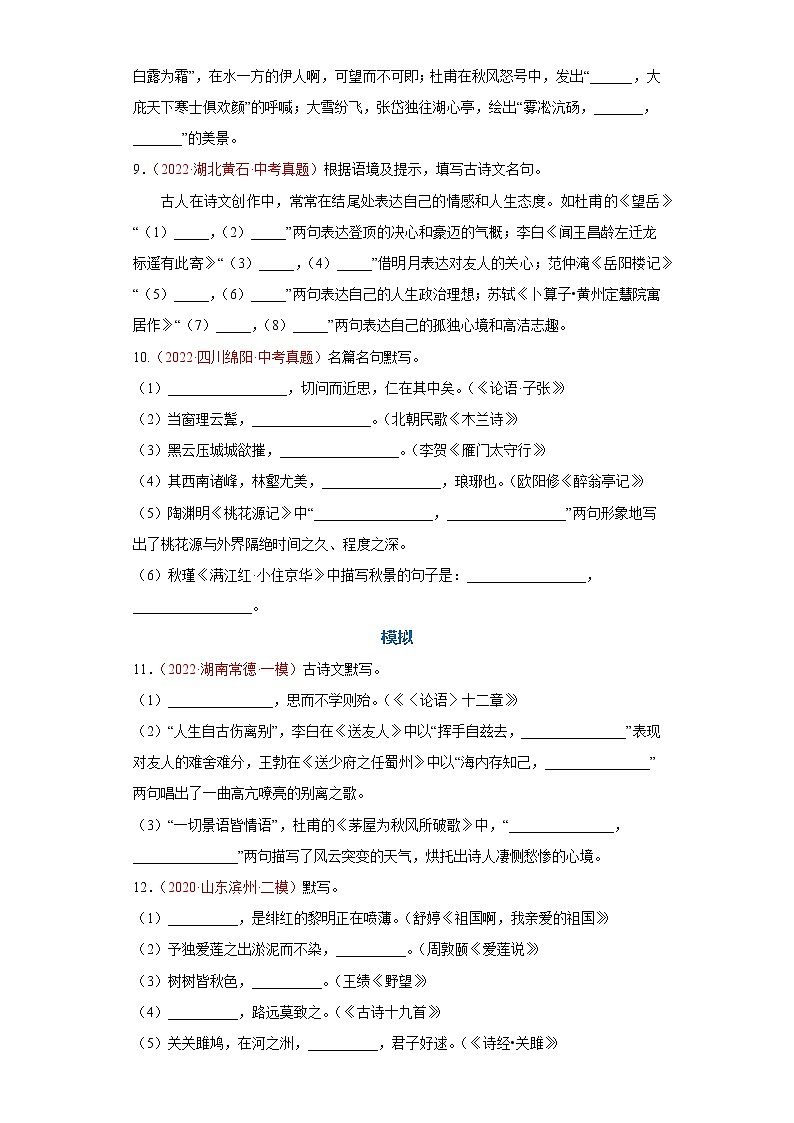 中考语文一轮复习通关训练--默写（真题及模拟）（原卷版+解析版）第3页