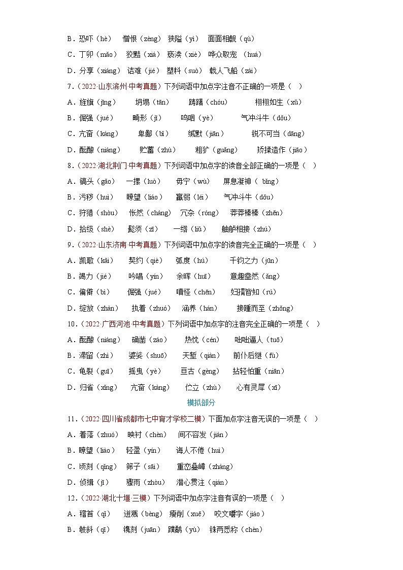 中考语文一轮复习通关训练--专题02 字音（真题及模拟）（原卷版+解析版）02