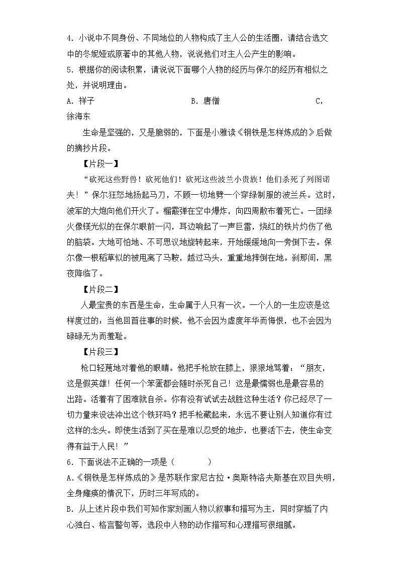 中考复习之名著《钢铁是怎样炼成的》提升训练第3页