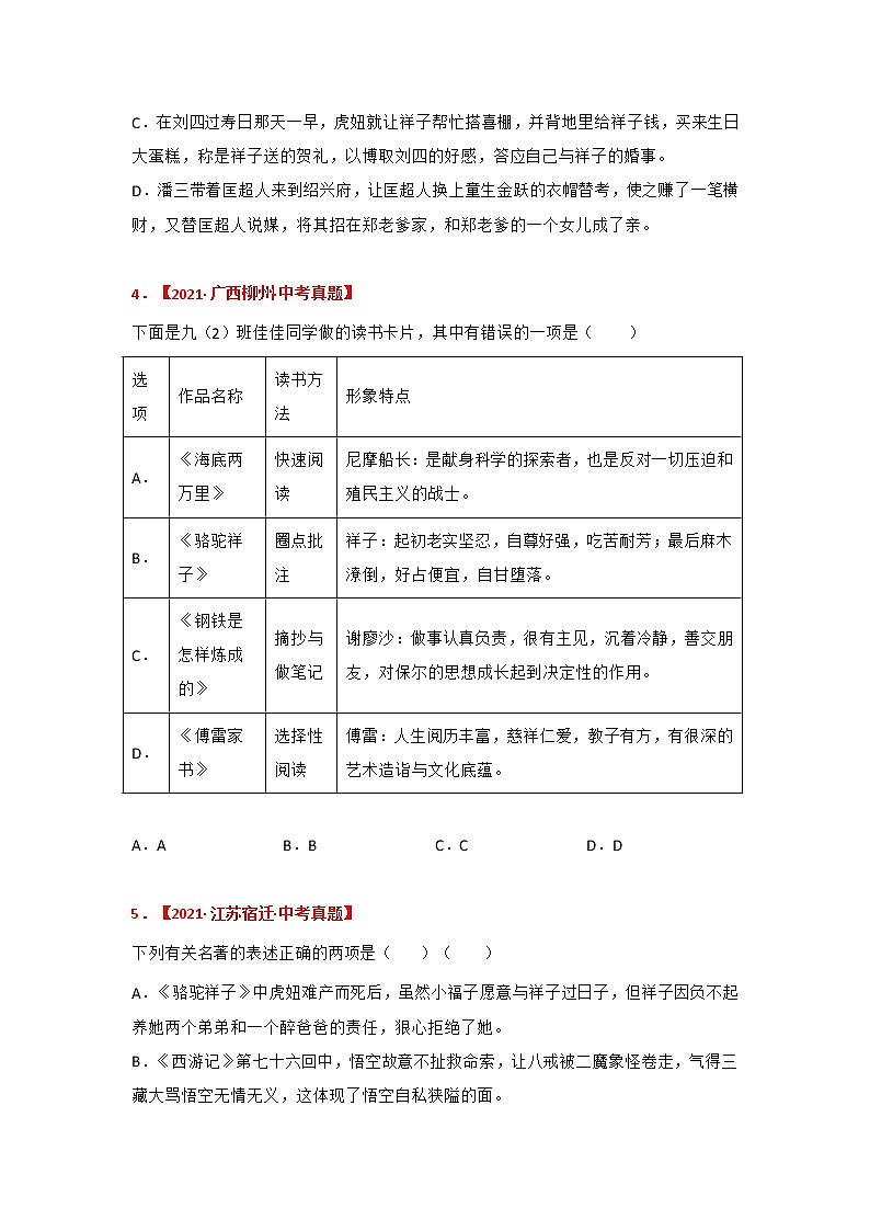 专题04 《骆驼祥子》中考真题及典型模拟题训练（原卷版+解析）02