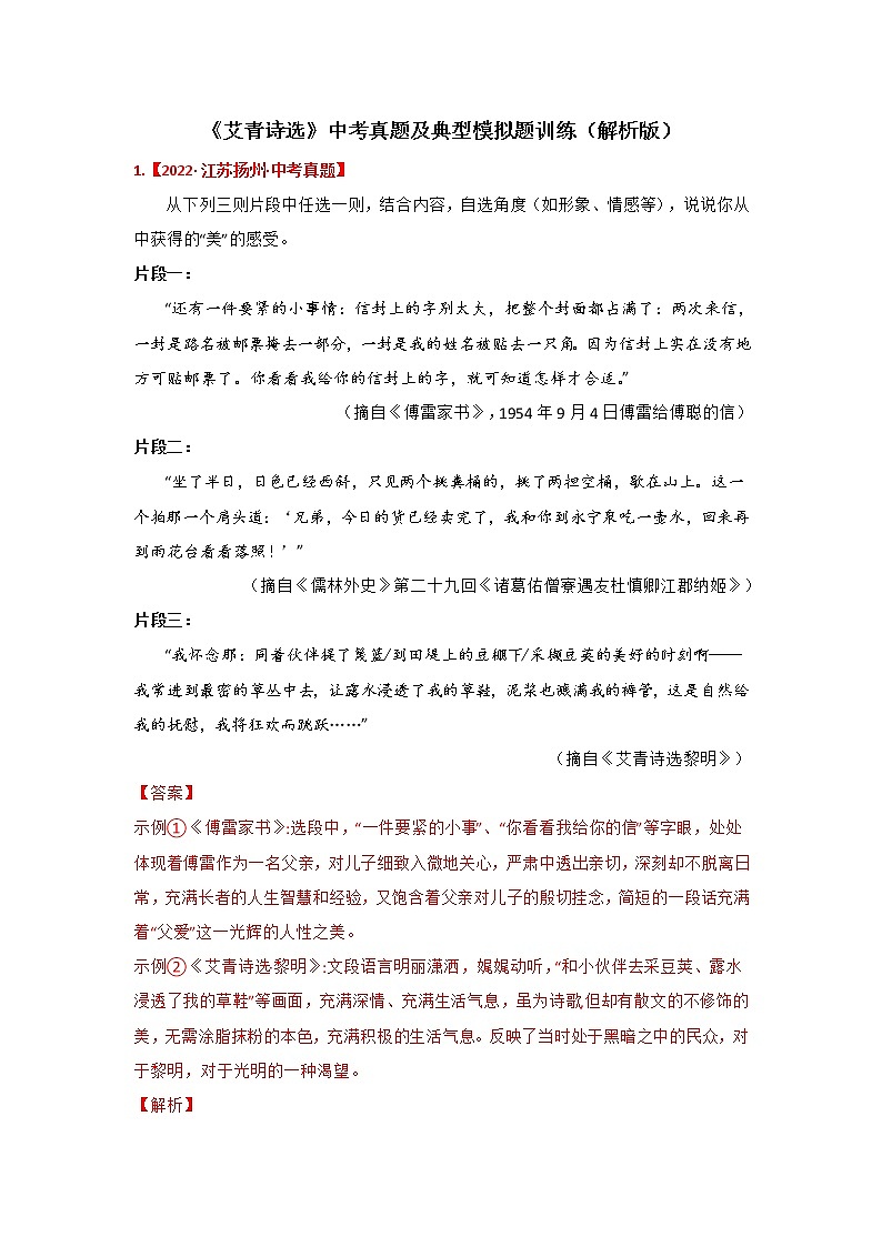 专题10《艾青诗选》中考真题及典题训练（原卷版+解析）-备战2023年中考名著阅读指导+中考真题及典型模拟题训练01