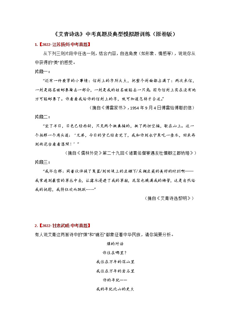 专题10《艾青诗选》中考真题及典题训练（原卷版+解析）-备战2023年中考名著阅读指导+中考真题及典型模拟题训练01