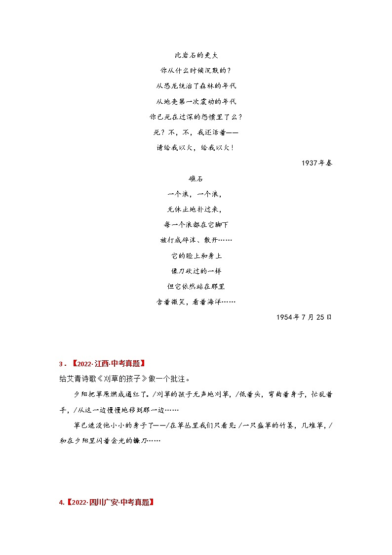 专题10《艾青诗选》中考真题及典题训练（原卷版+解析）-备战2023年中考名著阅读指导+中考真题及典型模拟题训练02