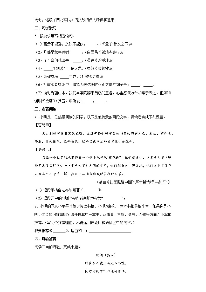 期末复习试题（二）2022-2023学年初中语文部编版八年级上册(含答案)第2页