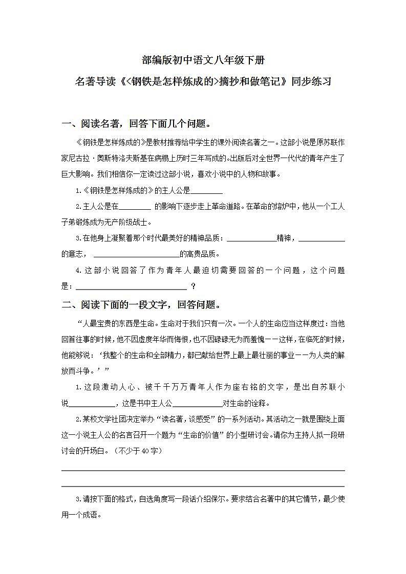 名著导读《钢铁是怎样炼成的》摘抄和做笔记课件同步练习第1页