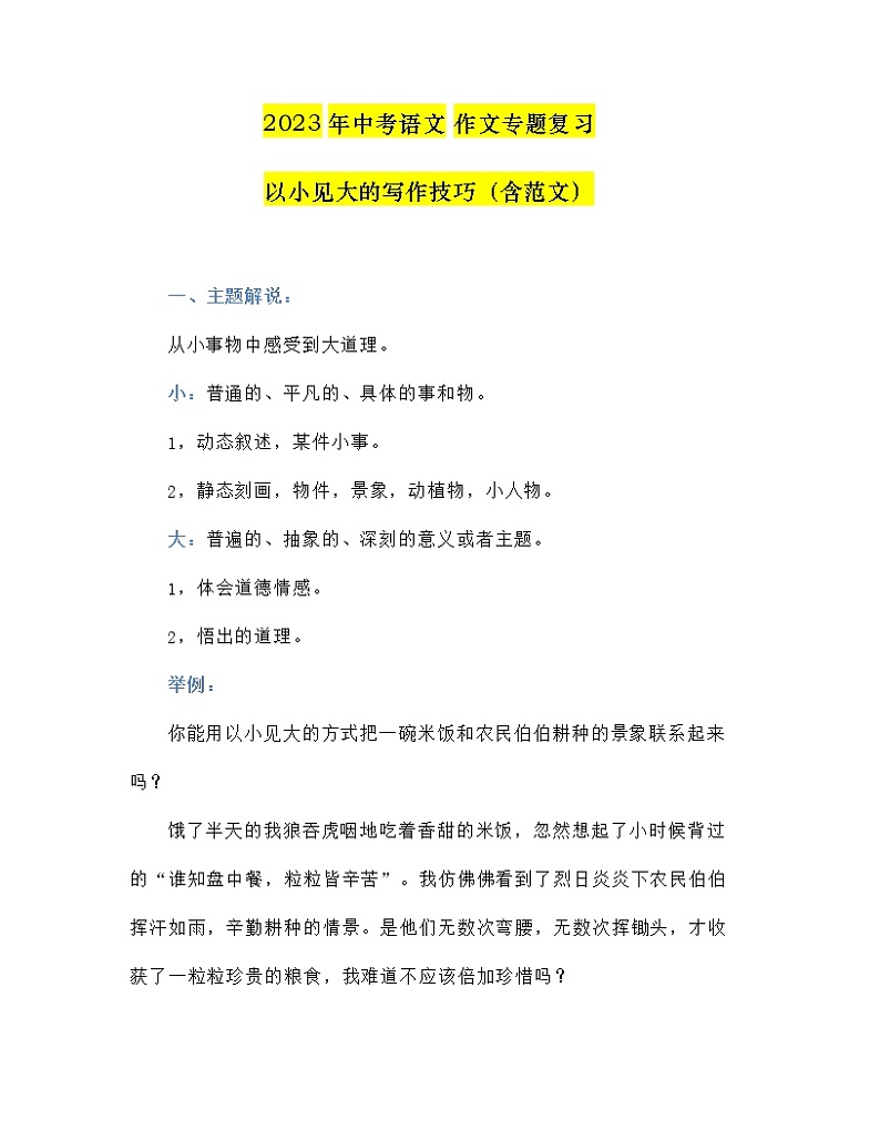 2023年中考语文作文专题复习：以小见大的写作技巧01
