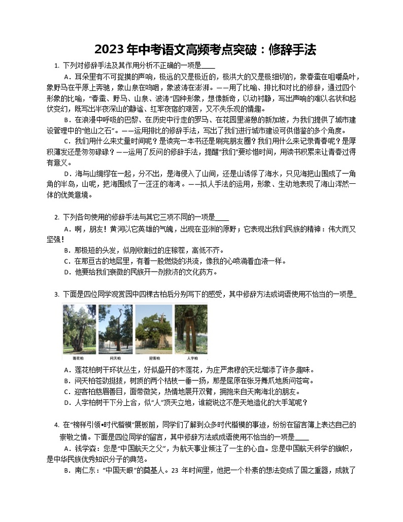 2023年中考语文一轮复习：修辞手法 试卷01