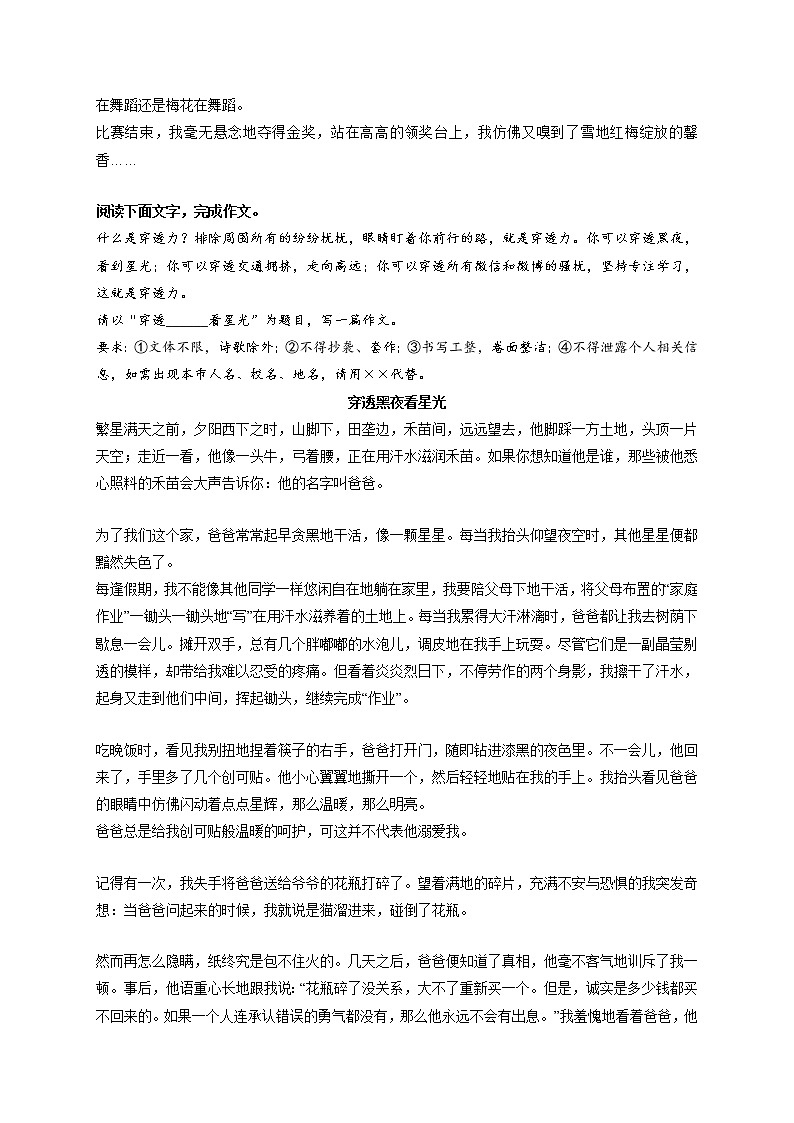 专题78  《梅花香自苦寒来》《穿透黑夜看星光》《是你唤醒了我》《跨越自己》《给远方亲人的一封信》-最新冲刺中考语文作文押题预测及优质范文展示第2页