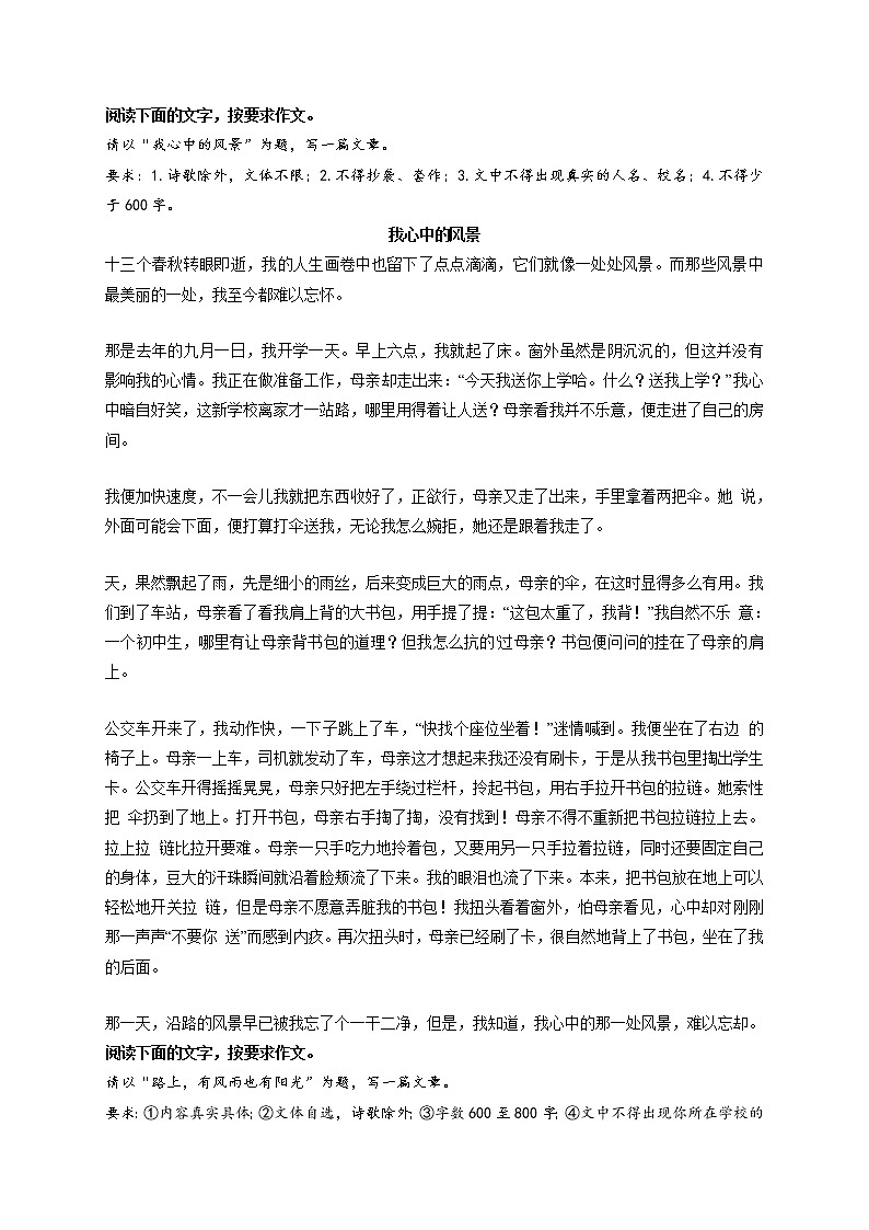 专题16  《我心中的风景》《路上，有风雨也有阳光》《说给故乡的悄悄话》《真的不容易》《生活，因友谊而精彩》-最新冲刺中考语文作文押题预测及优质范文展示第1页