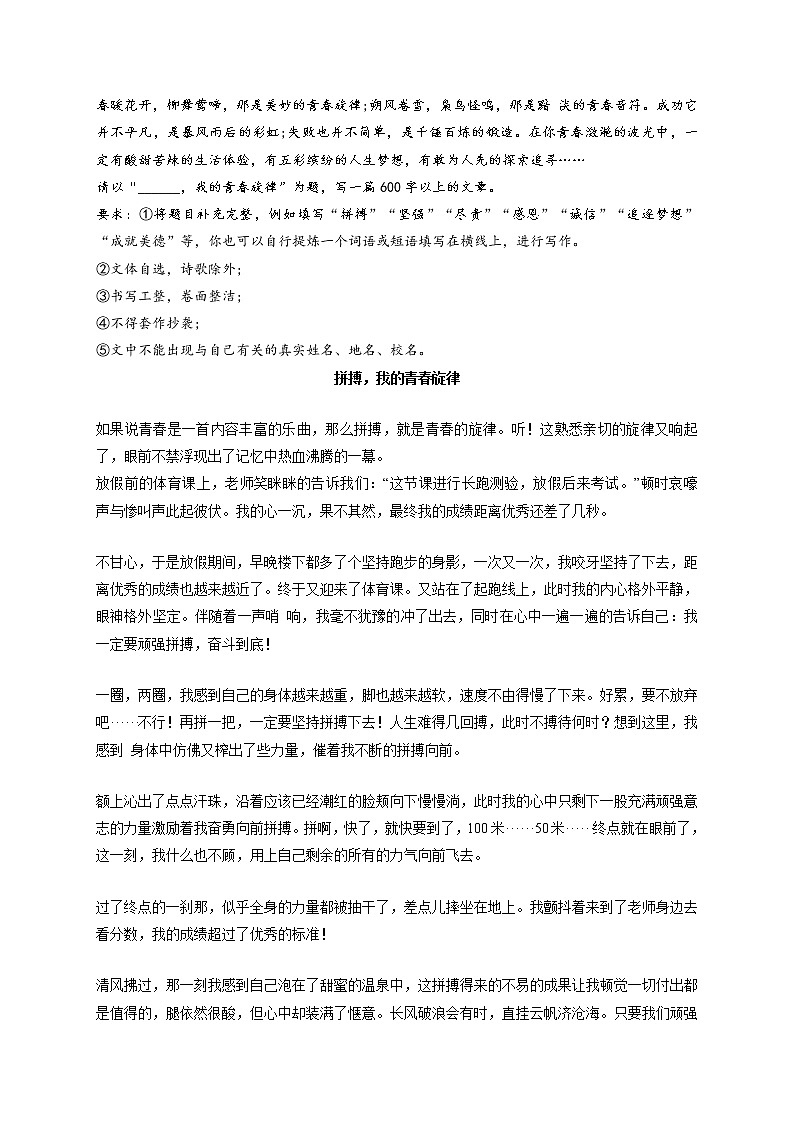 专题09  《那一刻，我长大了》《拼搏，我的青春旋律》《难忘那失望的眼神》《我读懂了夜的心跳》《我以扁担为知己》-最新冲刺中考语文作文押题预测及优质范文展示第2页