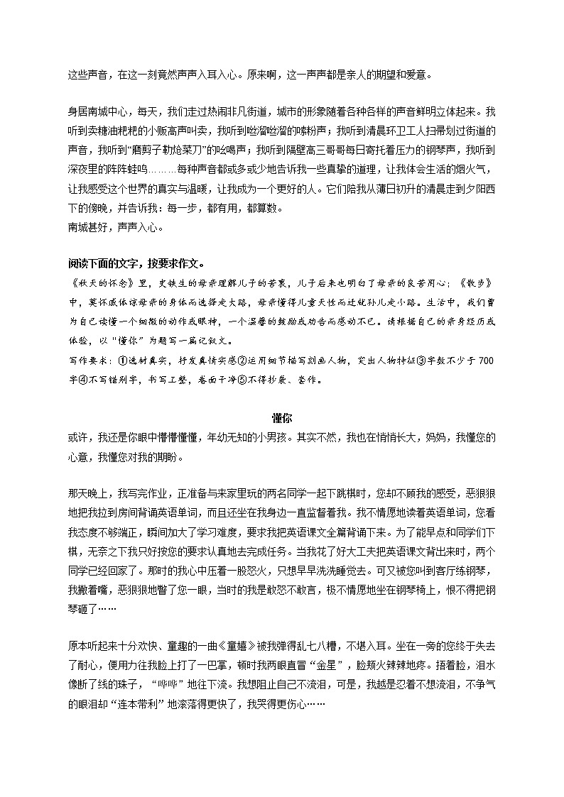 专题15  《南城甚好，声声入心》《懂你》《比看上去更有意思》《毕业前夕》《合唱》-最新冲刺中考语文作文押题预测及优质范文展示第2页