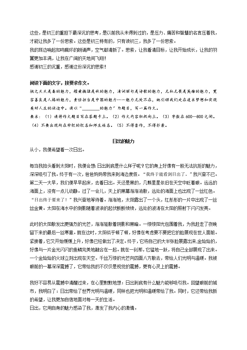 专题05  《九年级，我多了一份思索》《日出的魅力》《从头开始》《难忘那段时光》《谢谢你陪我慢慢长大》-最新冲刺中考语文作文押题预测及优质范文展示第2页