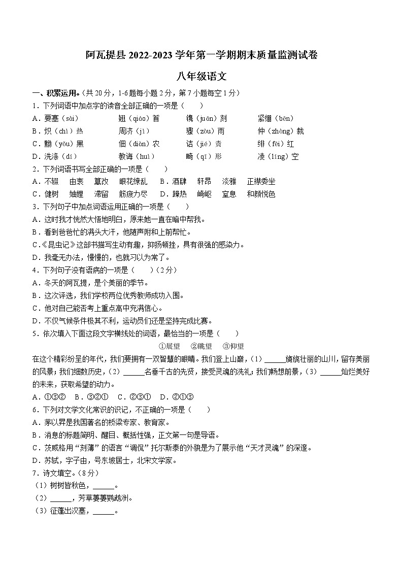 新疆维吾尔自治区阿克苏地区阿瓦提县2022-2023学年八年级上学期期末语文试题(含答案)01