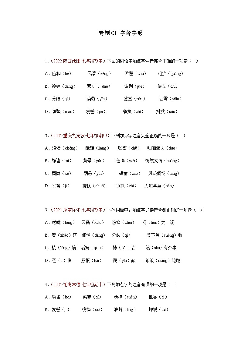 专题01：字音字形（专题过关）-2022-2023学年七年级语文上学期期中期末考点大串讲（含解析） (2)第1页