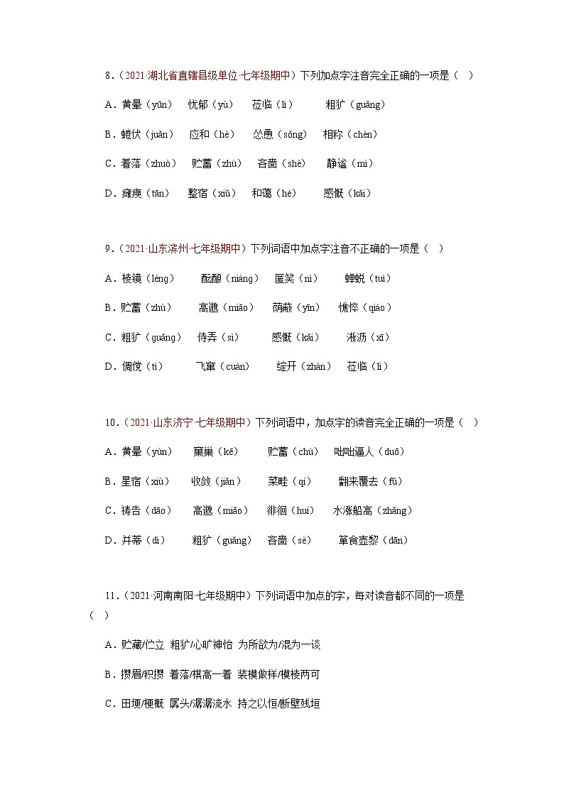 专题01：字音字形（专题过关）-2022-2023学年七年级语文上学期期中期末考点大串讲（含解析） (2)第3页