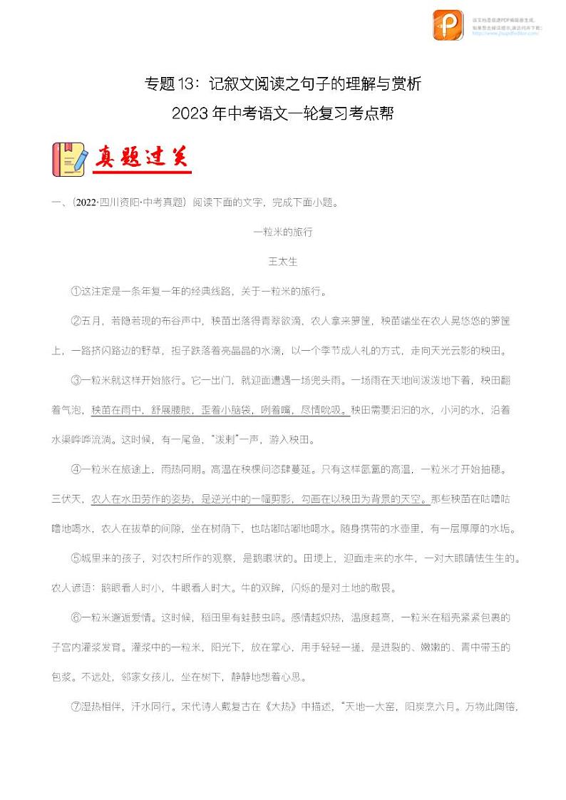 专题13：记叙文阅读之句子的理解与赏析【精品课件+习题精练】-备战2023年中考语文一轮复习考点帮（全国通用）01