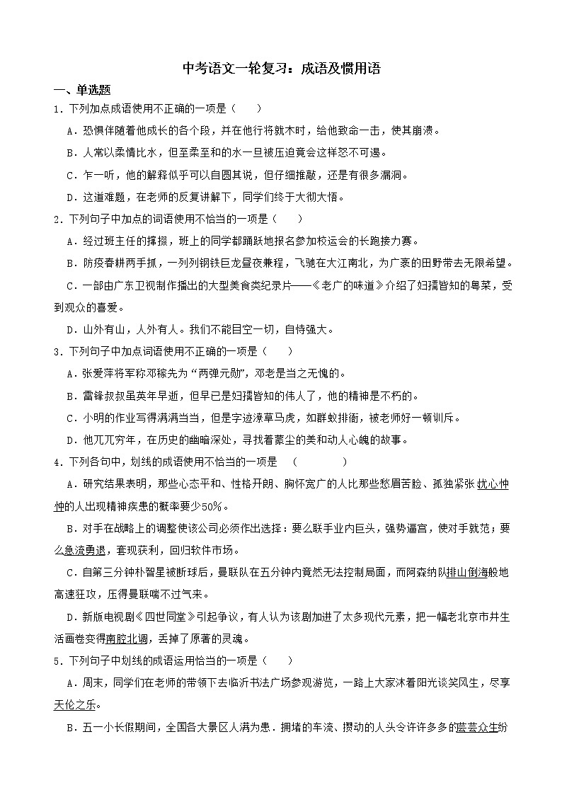 中考语文一轮专题复习：成语及惯用语第1页