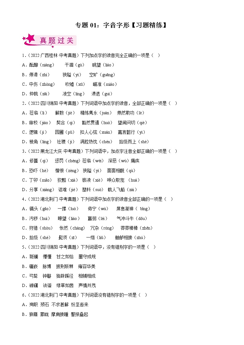 专题01  字音字形【习题精练】-备战2023年中考语文一轮复习（全国通用）（解析版）第1页