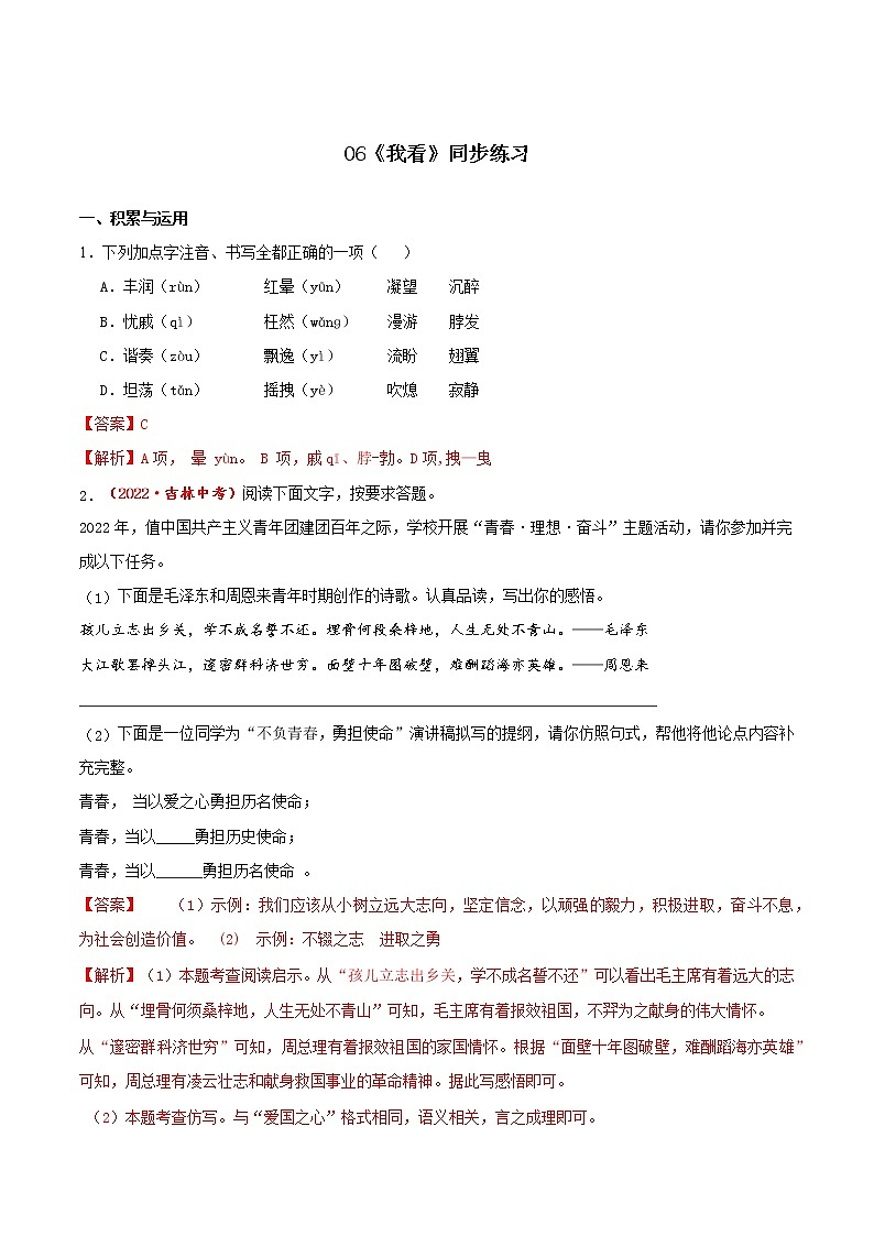 第6课《我看》（同步练习）-2022-2023学年九年级语文上册同步备课系列（部编版）（解析版）第1页