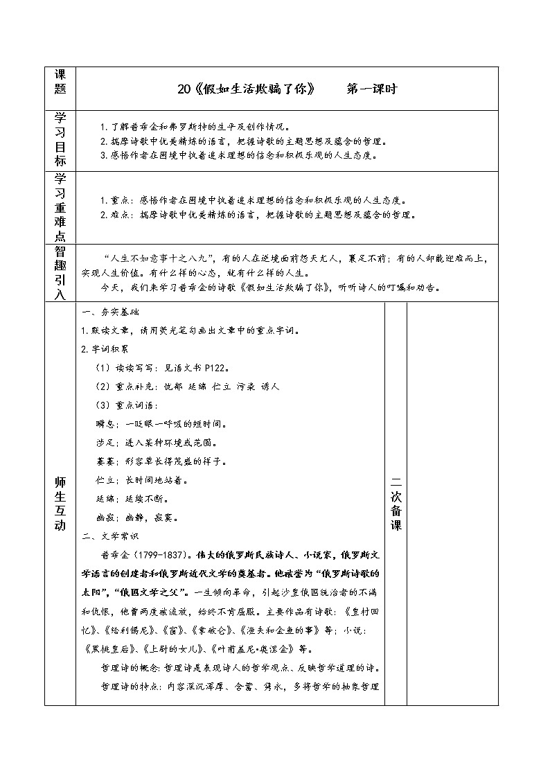 部编版初中语文七年级下册20 外国诗二首《假如生活欺骗了你》教案（表格式）01