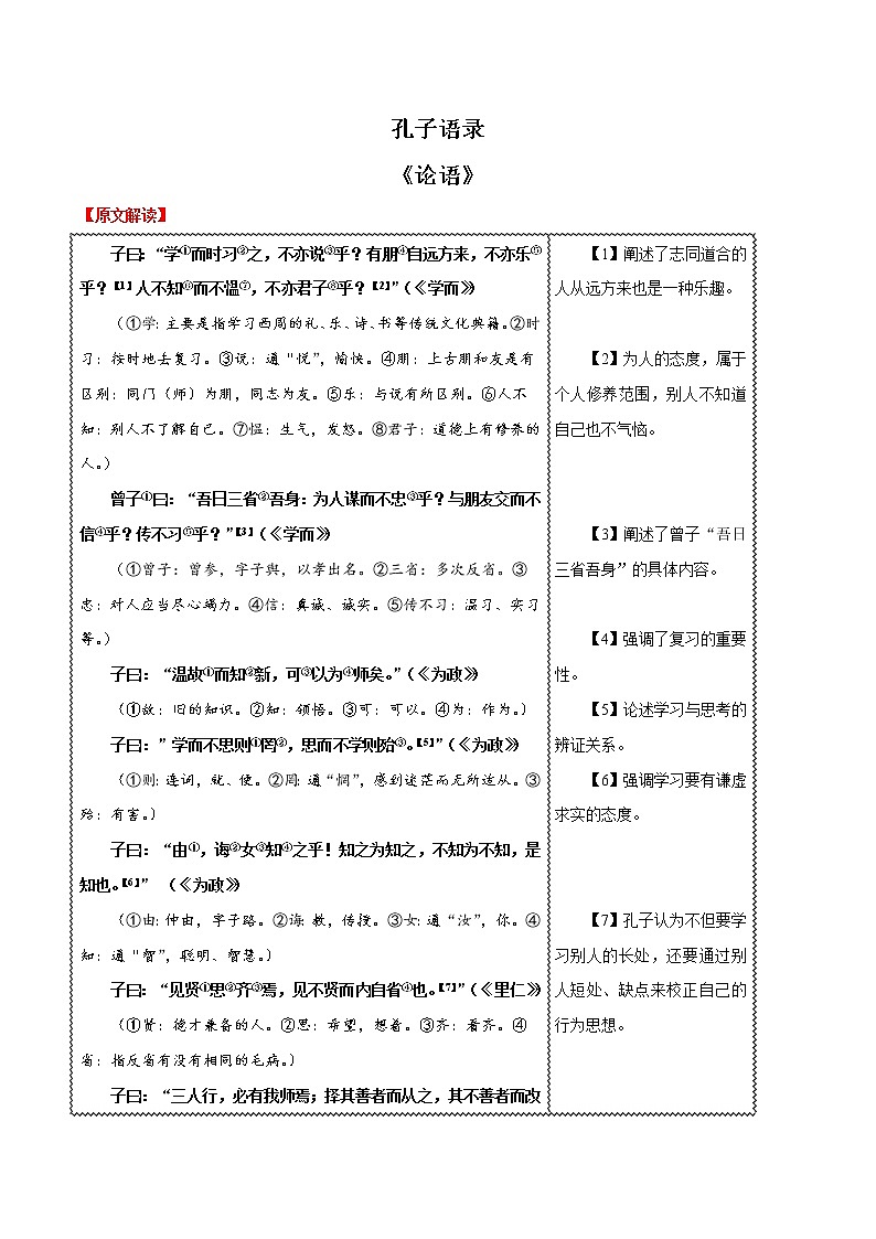 初中语文中考复习 01 孔子语录-2020年中考语文之名句默写失分点清零（古文） 试卷01