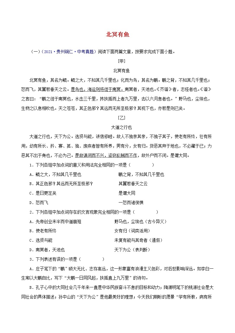 初中语文中考复习 11 北冥有鱼（原卷版）－备战2023年中考语文文言文必考篇目之对比阅读（通用版）01